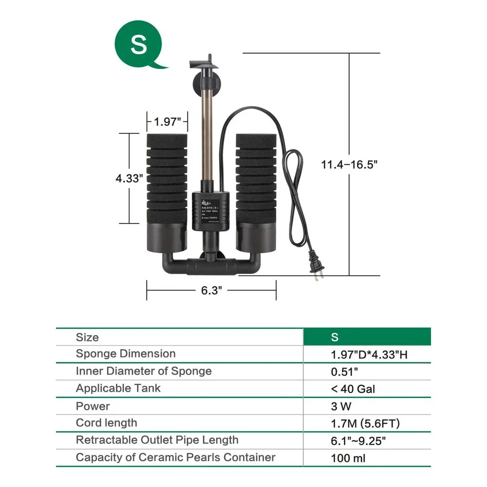 AQQA AQ-016 S Electric Sponge Filter Submersible Pump Fish Tank Media Ball New